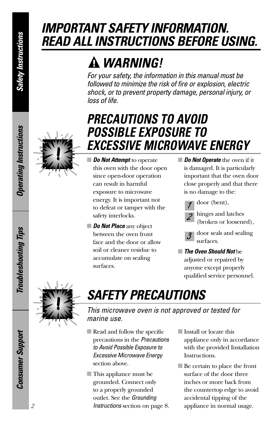 Safety instructions, Warning, Safety precautions | GE 164D3370P211 User Manual | Page 2 / 36