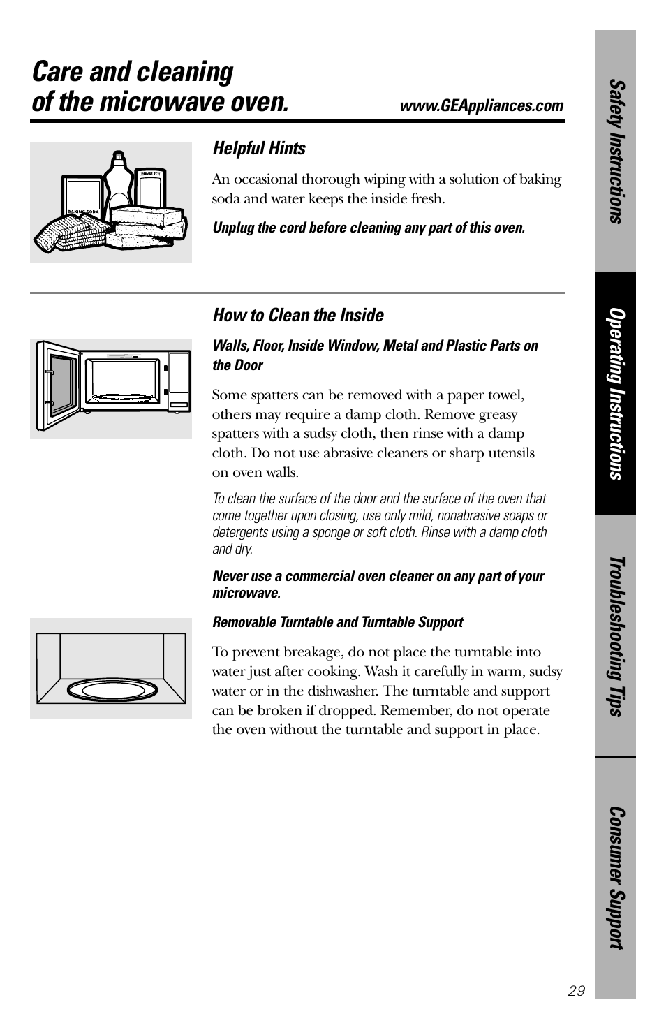Care and cleaning, Care and cleaning , 30, Care and cleaning of the microwave oven | GE 164D3370P211 User Manual | Page 29 / 36