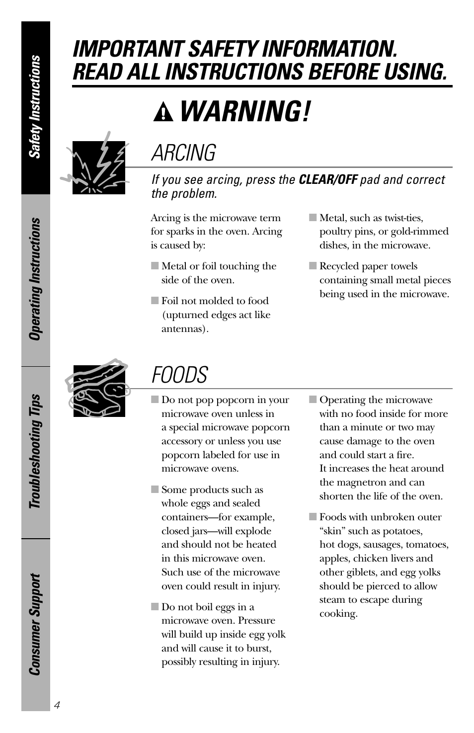 Warning, Foods, Arcing | GE 164D3370P211 User Manual | Page 4 / 36