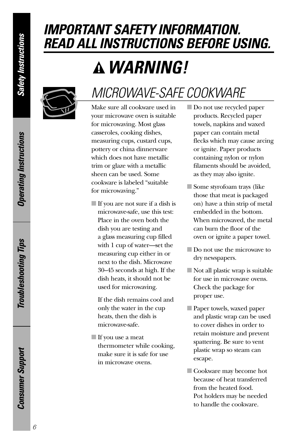 Warning, Microwave-safe cookware | GE 164D3370P211 User Manual | Page 6 / 36