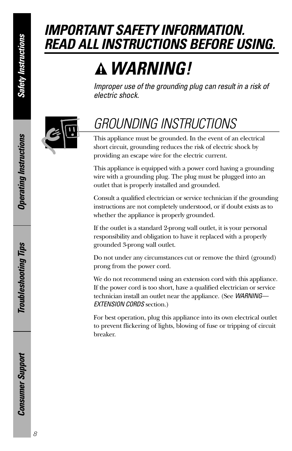 Warning, Grounding instructions | GE 164D3370P211 User Manual | Page 8 / 36