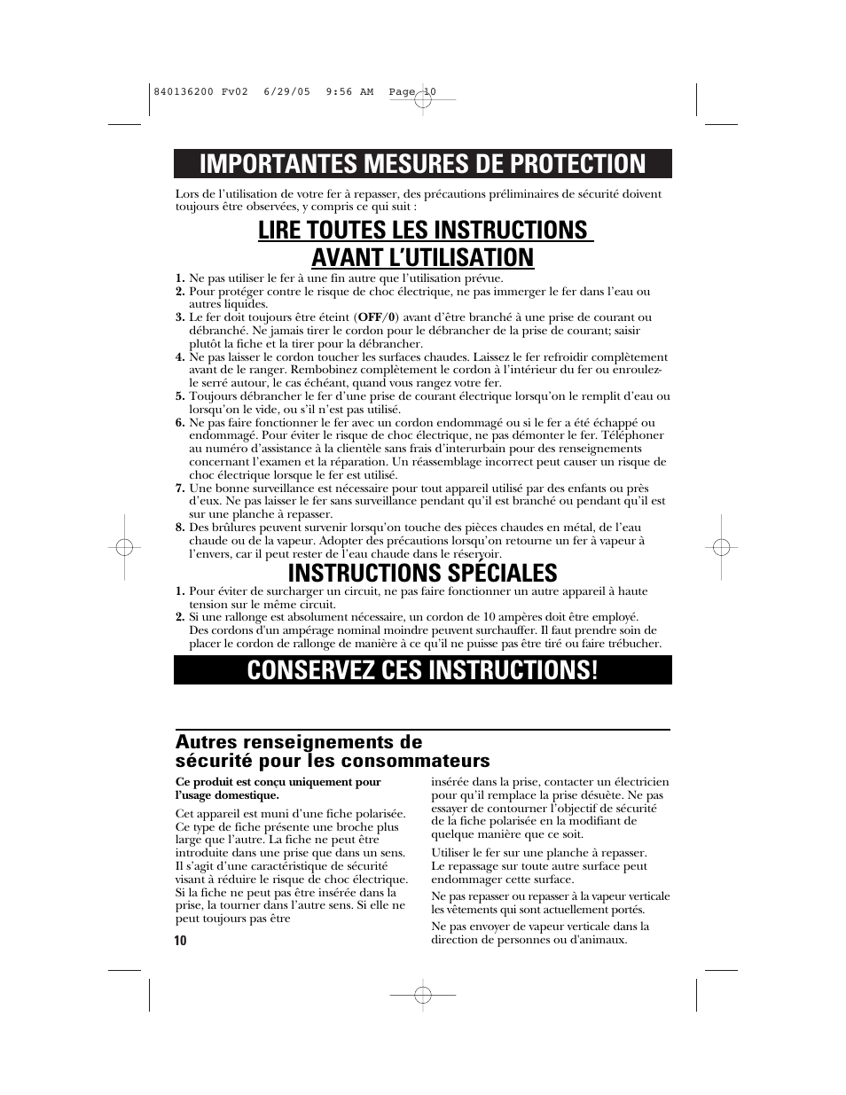 Lire toutes les instructions avant l’utilisation, Instructions spéciales | GE 840136200 User Manual | Page 10 / 28