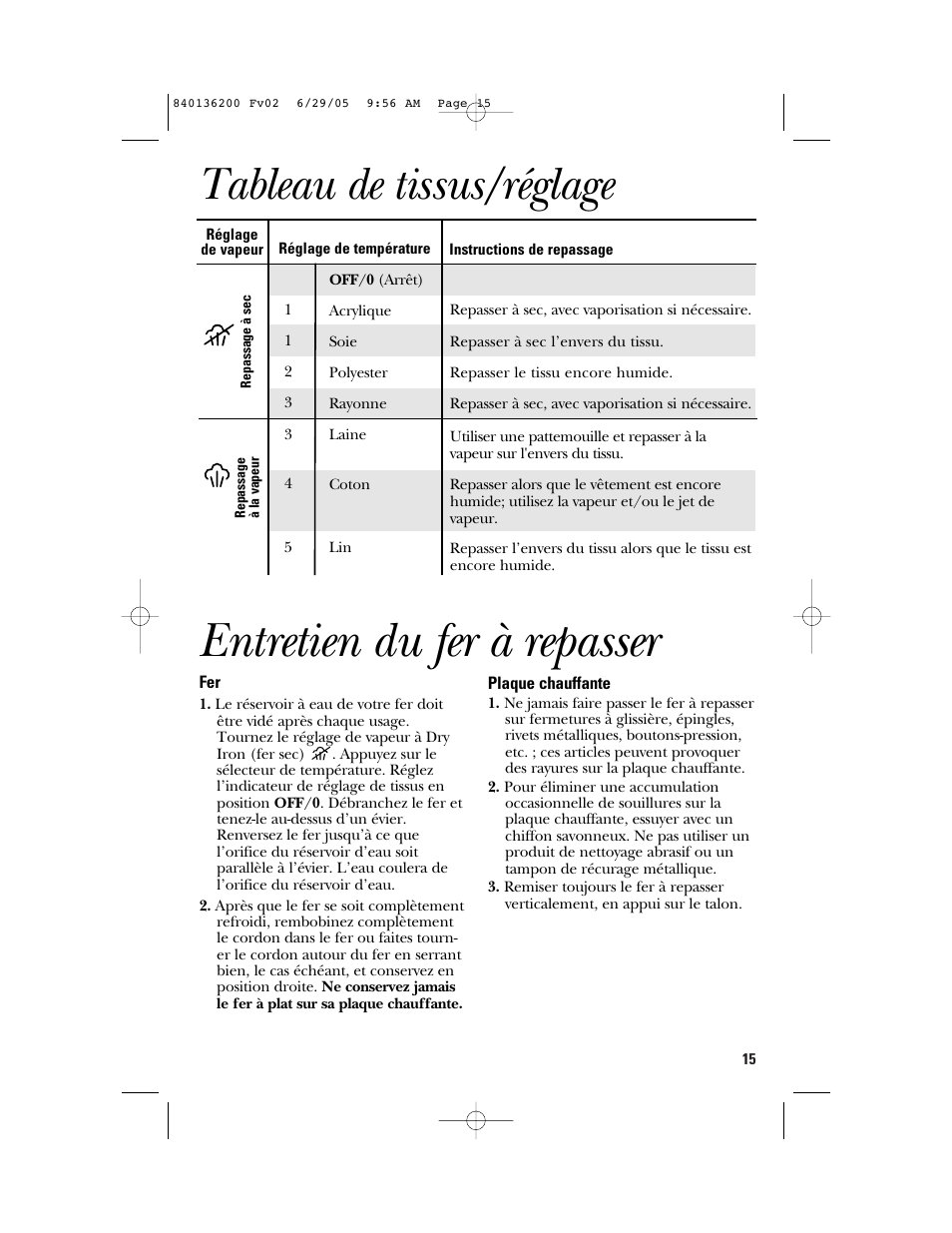 Entretien du fer à repasser, Tableau de tissus/réglage | GE 840136200 User Manual | Page 15 / 28