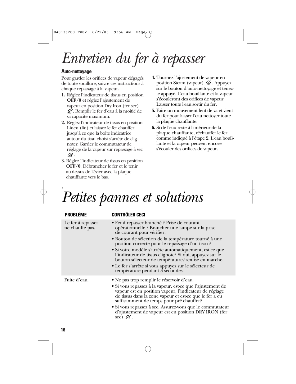 Entretien du fer à repasser, Petites pannes et solutions | GE 840136200 User Manual | Page 16 / 28