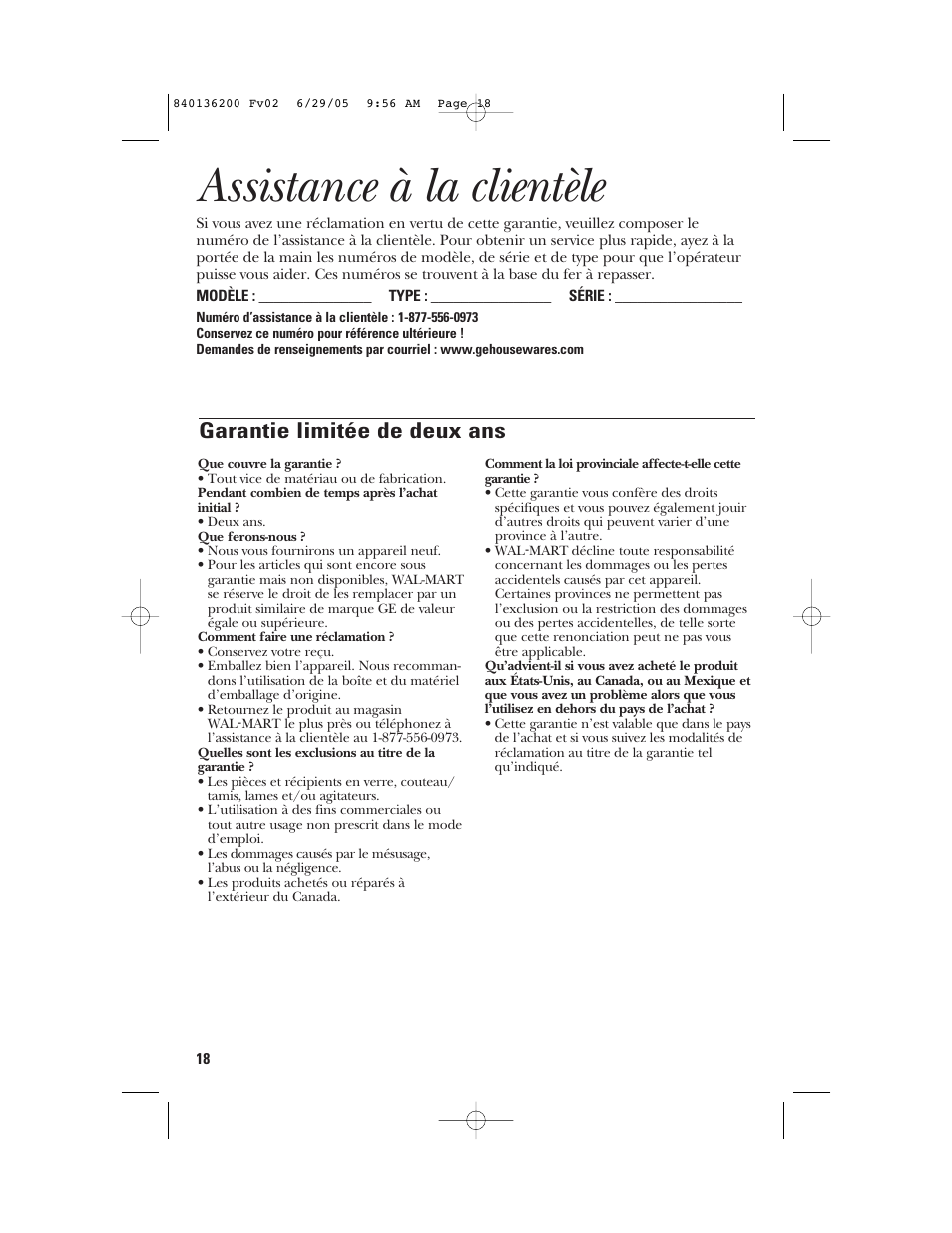 Assistance à la clientèle, Garantie limitée de deux ans | GE 840136200 User Manual | Page 18 / 28