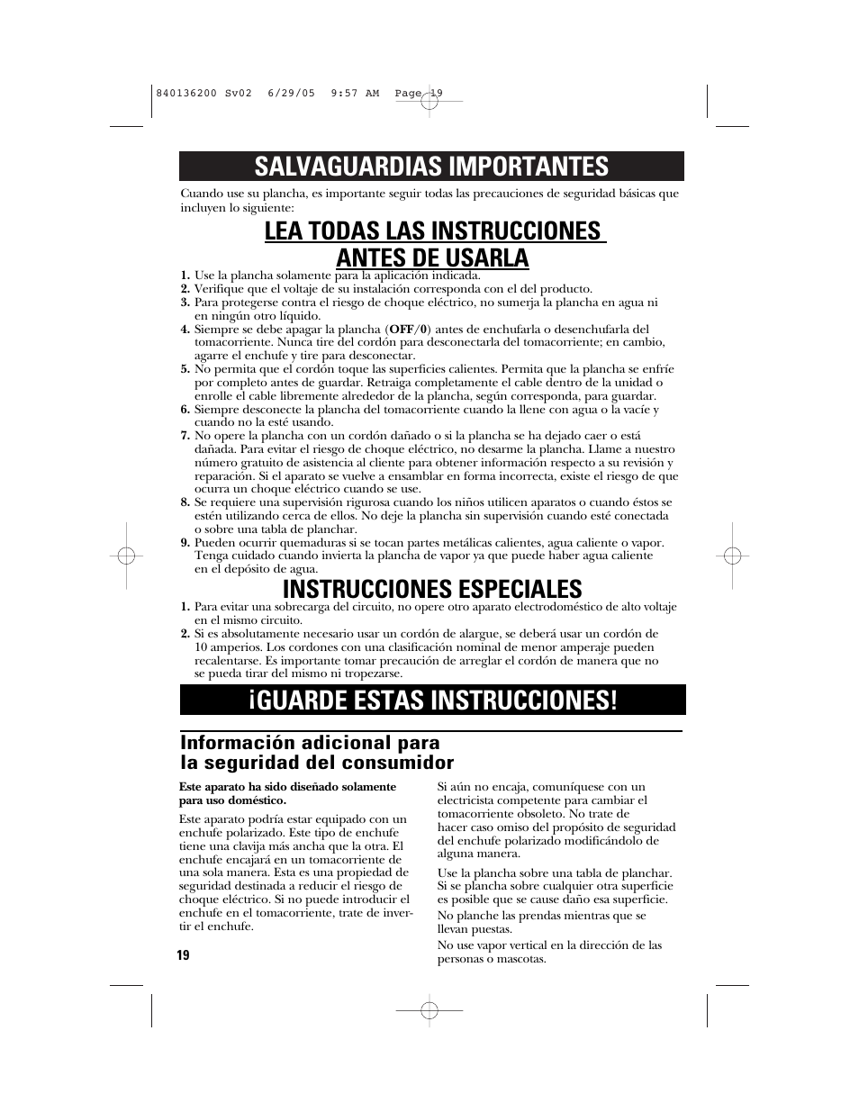 Lea todas las instrucciones antes de usarla, Instrucciones especiales | GE 840136200 User Manual | Page 19 / 28