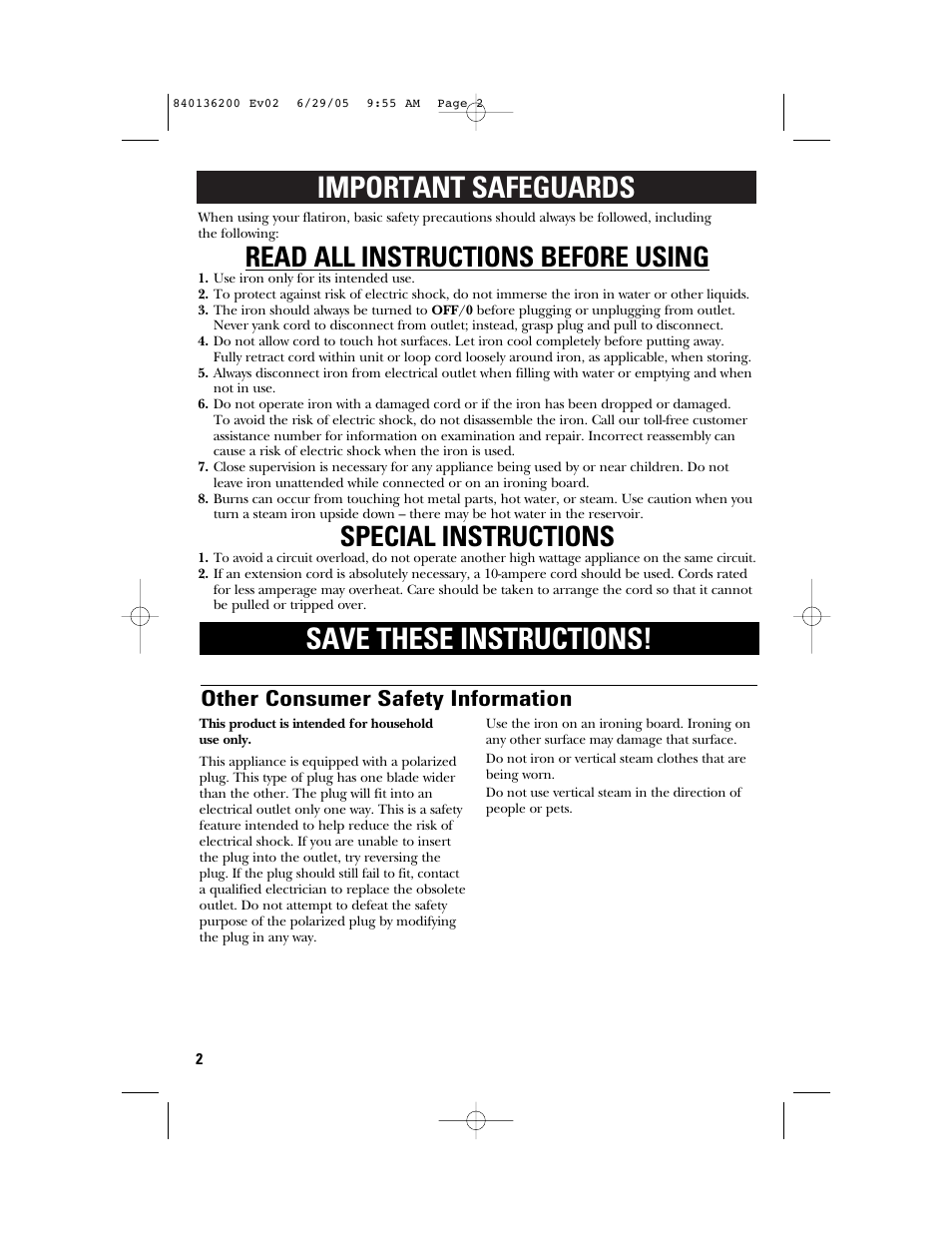 Important safeguards save these instructions, Read all instructions before using, Special instructions | Other consumer safety information | GE 840136200 User Manual | Page 2 / 28