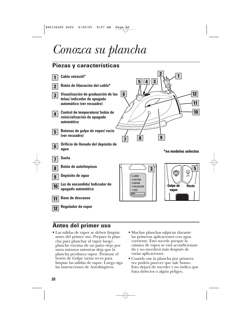 Conozca su plancha, Antes del primer uso, Piezas y características | GE 840136200 User Manual | Page 20 / 28