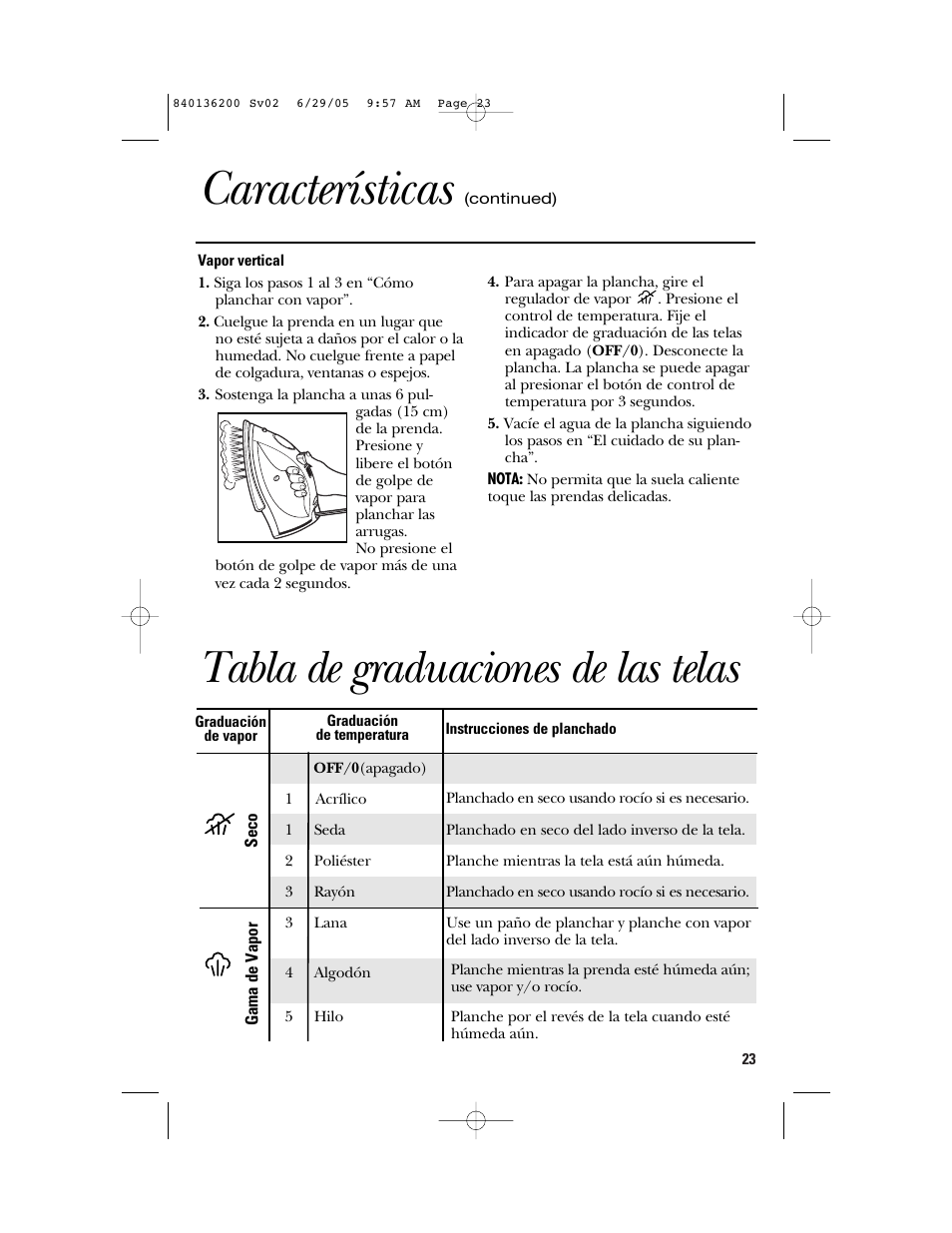 Características, Tabla de graduaciones de las telas | GE 840136200 User Manual | Page 23 / 28