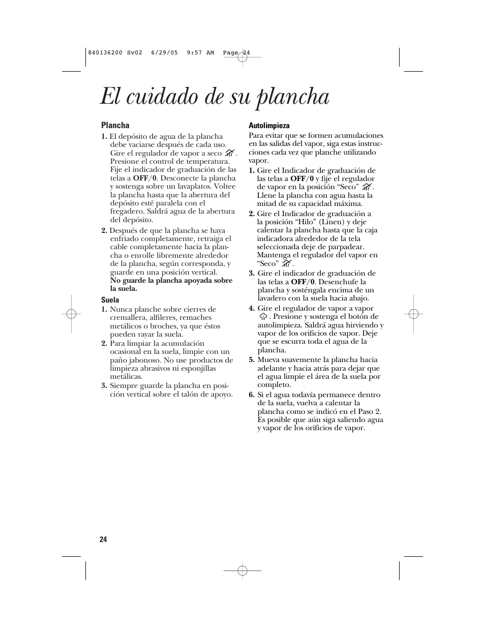 El cuidado de su plancha | GE 840136200 User Manual | Page 24 / 28