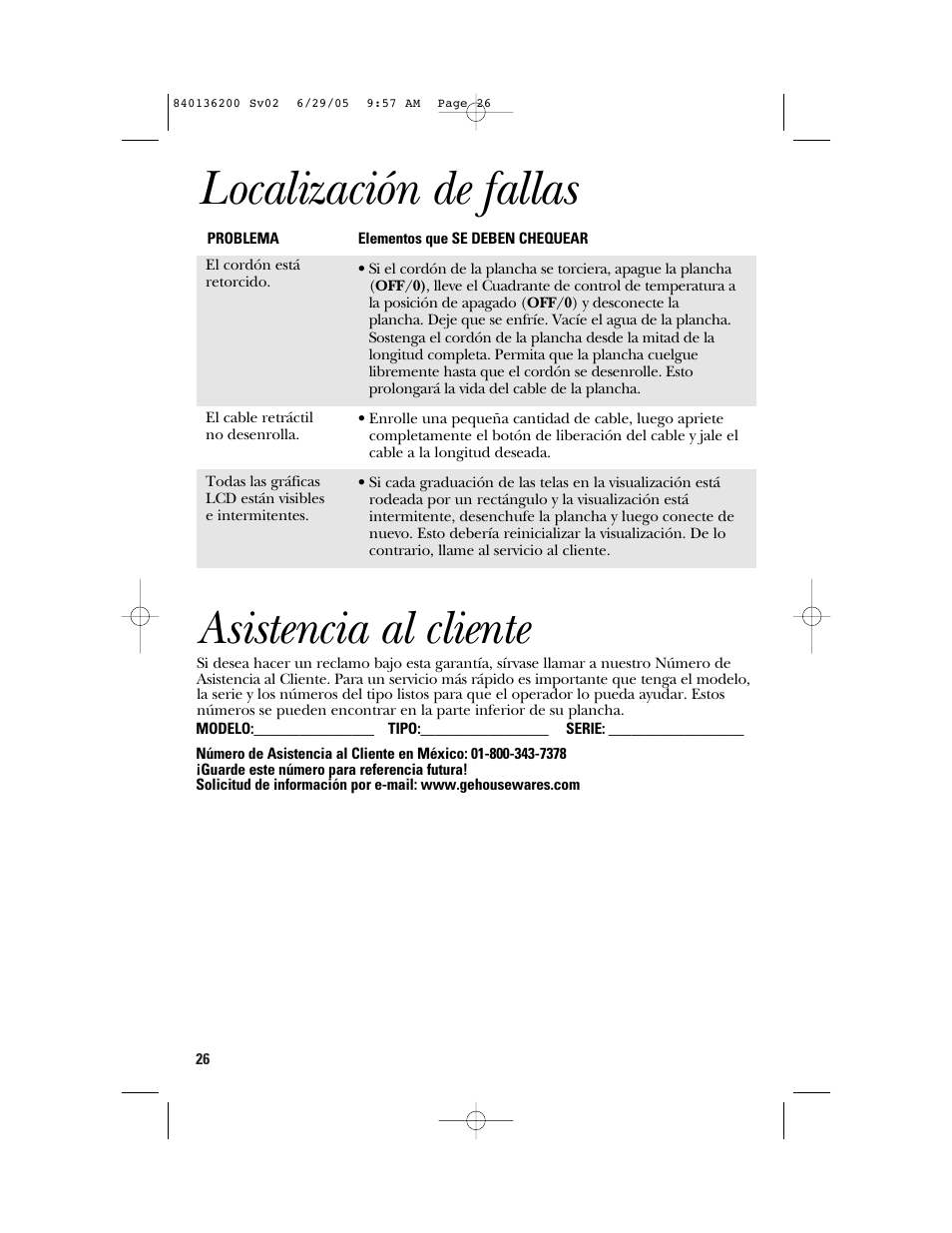 Localización de fallas, Asistencia al cliente | GE 840136200 User Manual | Page 26 / 28