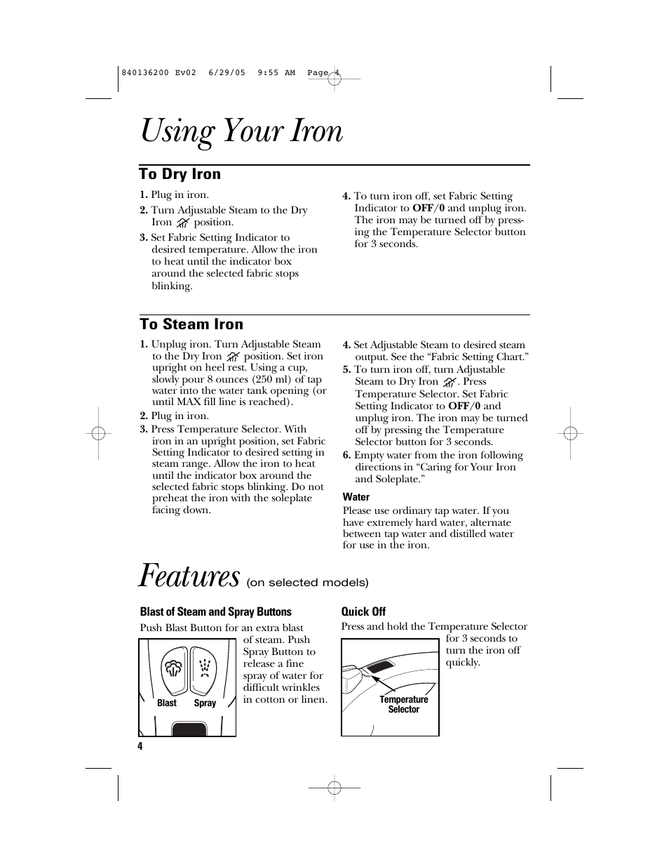 Using your iron features | GE 840136200 User Manual | Page 4 / 28
