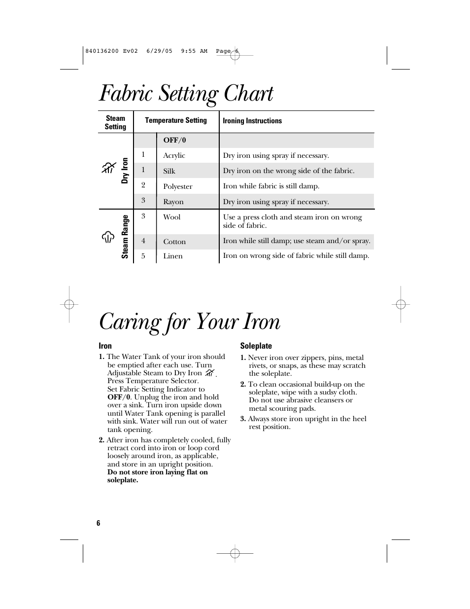 Fabric setting chart, Caring for your iron | GE 840136200 User Manual | Page 6 / 28