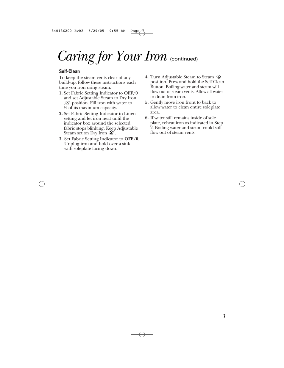 Caring for your iron | GE 840136200 User Manual | Page 7 / 28