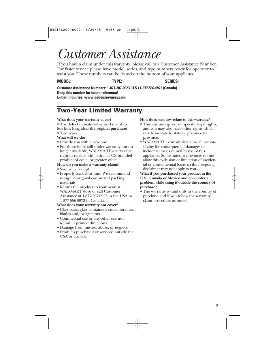 Customer assistance, Two-year limited warranty | GE 840136200 User Manual | Page 9 / 28