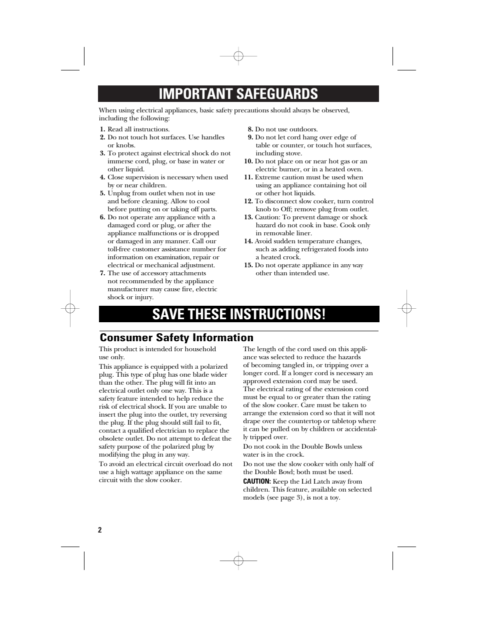 Important safeguards save these instructions, Consumer safety information | GE 106851 User Manual | Page 2 / 24