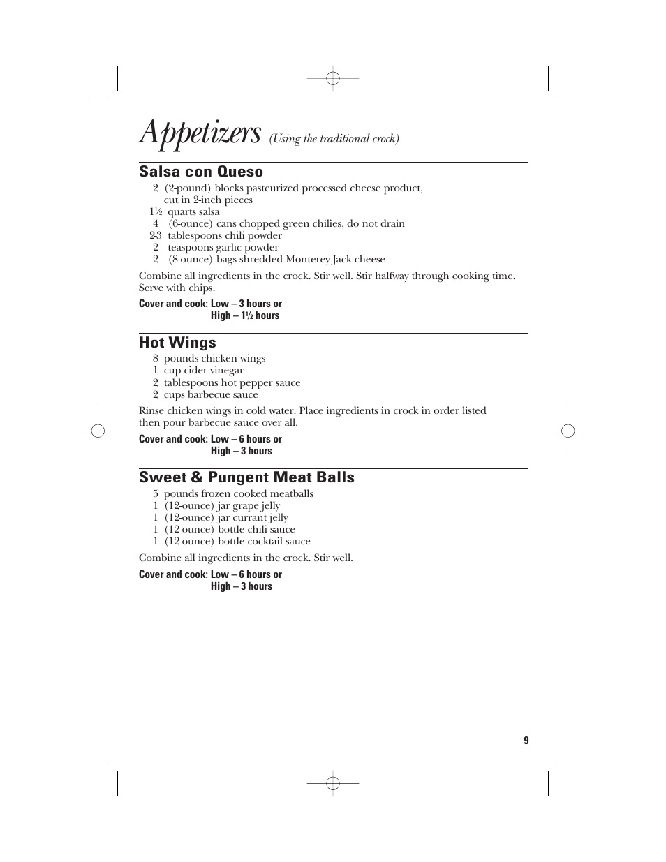 Appetizers, Salsa con queso, Hot wings | Sweet & pungent meat balls | GE 106851 User Manual | Page 9 / 24