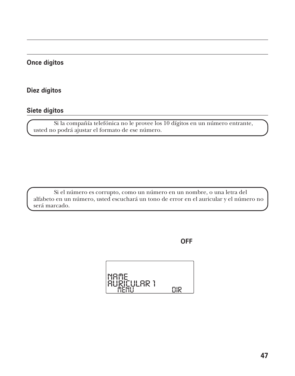 Auricular 1, Name, Dir menu | GE 21011 User Manual | Page 109 / 124