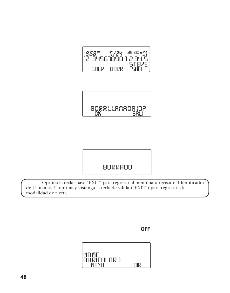 Borrado * * steve, Borr llamada id, Auricular 1 | Name | GE 21011 User Manual | Page 110 / 124
