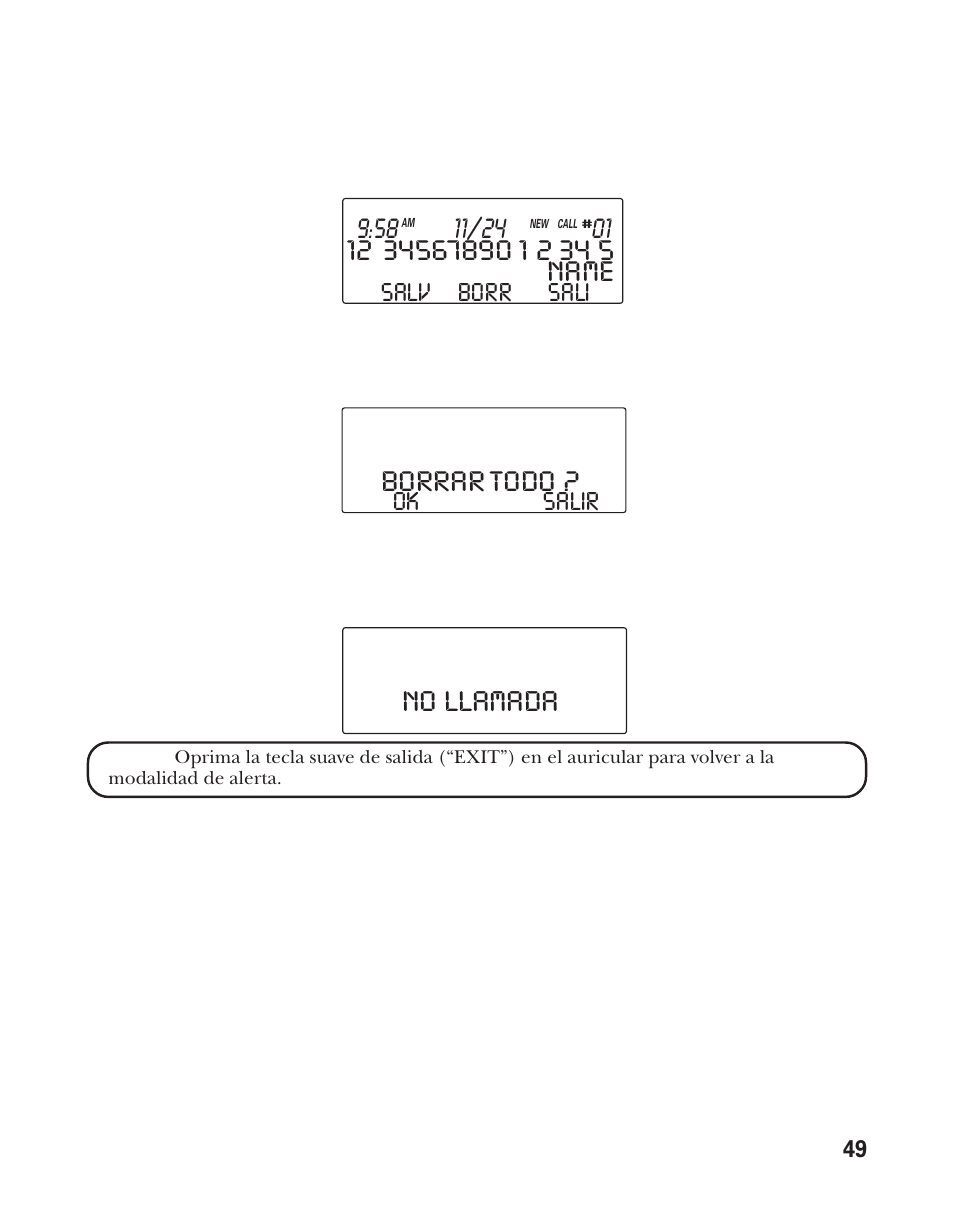Name, Borrar todo, No llamada | Sali salv, Borr, Salir ok | GE 21011 User Manual | Page 111 / 124