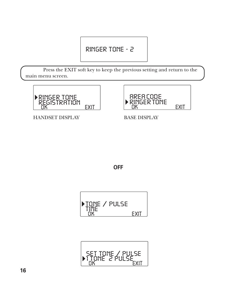 Ringer tone - 2 ringer tone, Registration, Ringer tone | Area code, Tone / pulse, Time, Set tone / pulse, 1 tone 2 pulse | GE 21011 User Manual | Page 16 / 124
