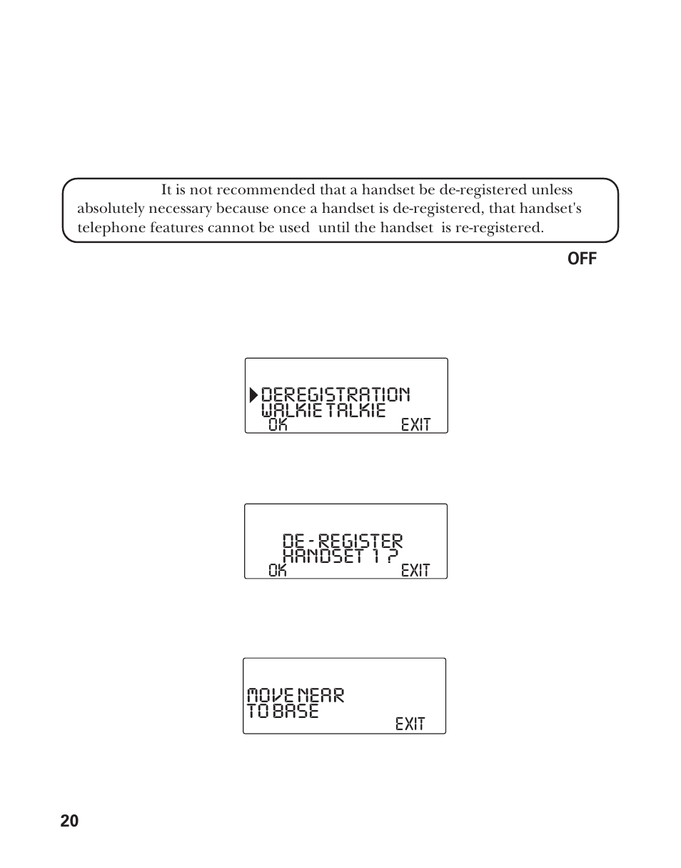Walkie talkie, Deregistration de - register handset 1, Move near to base | GE 21011 User Manual | Page 20 / 124