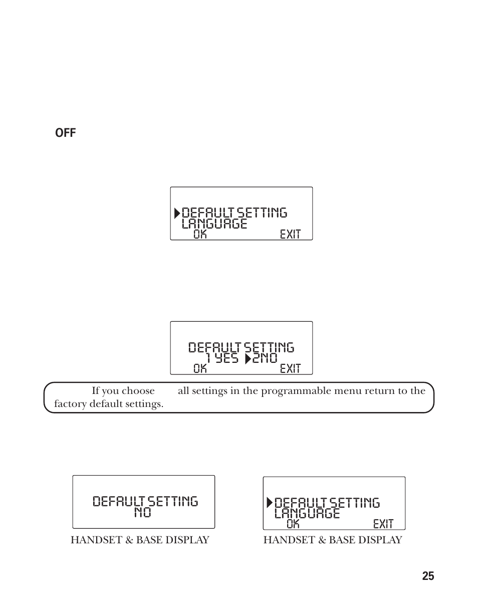 Default setting language, Default setting 1 yes 2no, Default setting no | GE 21011 User Manual | Page 25 / 124