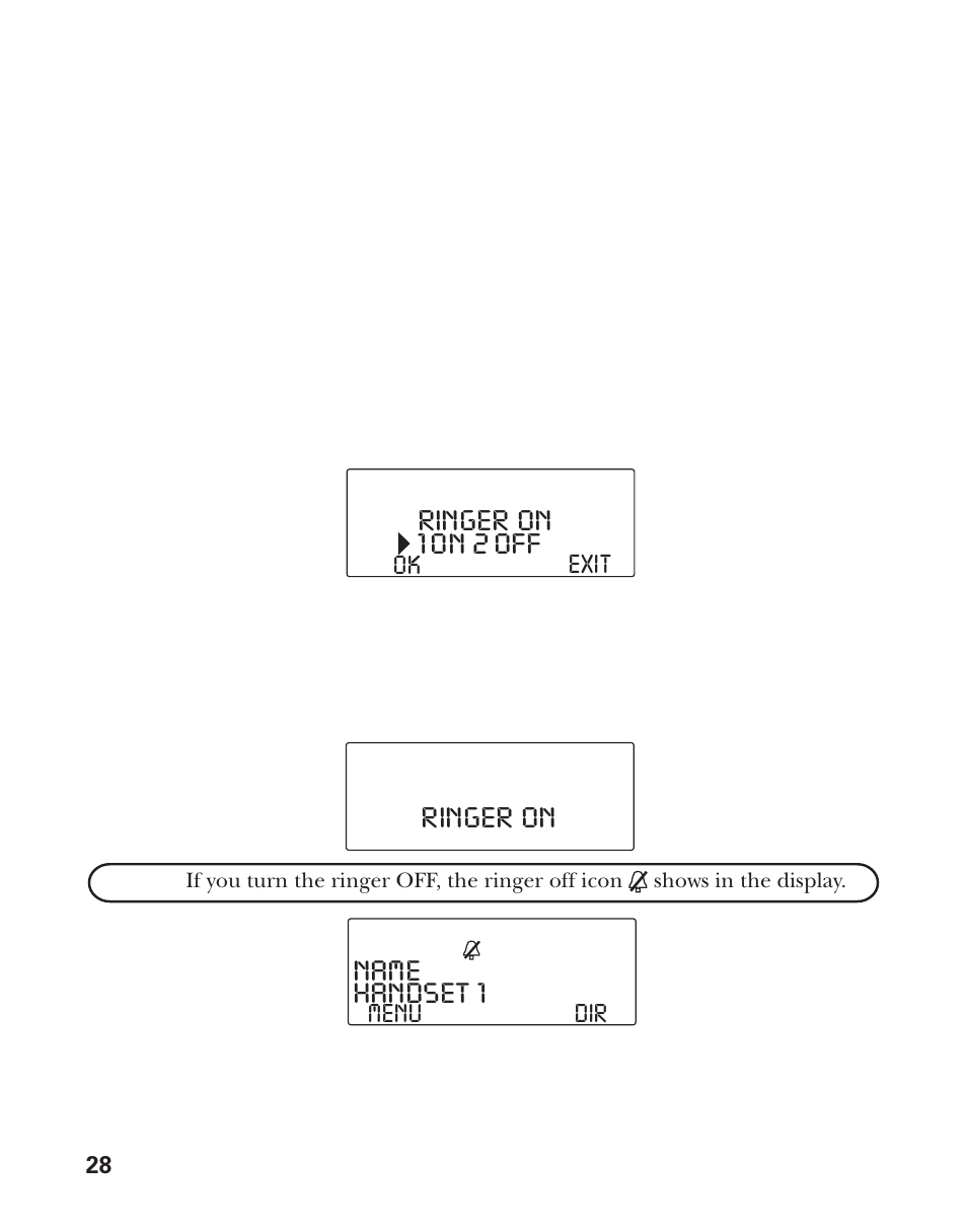 1 on 2 off ringer on, Ringer on name, Handset 1 | GE 21011 User Manual | Page 28 / 124