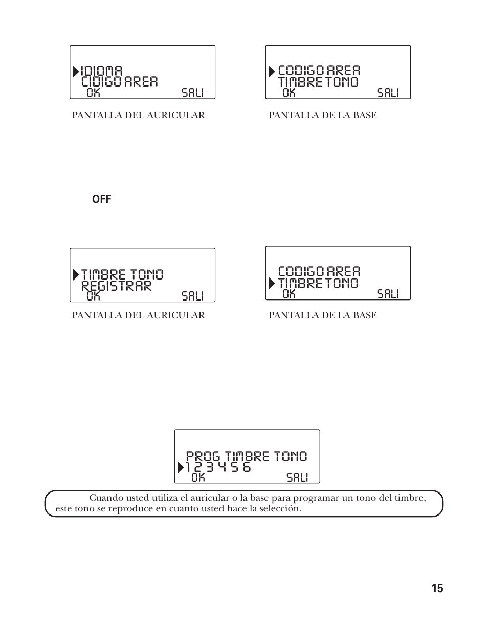 Cidigo area, Idioma timbre tono, Codigo area | Timbre tono, Registrar timbre tono, Prog timbre tono | GE 21011 User Manual | Page 77 / 124
