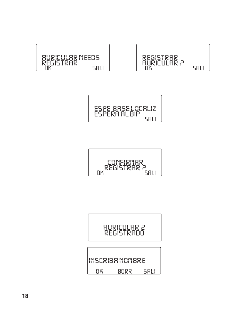 Registrar, Auricular, Auricular needs | Espe base localiz espera al bip, Confirmar registrar, Auricular 2 registrado inscriba nombre | GE 21011 User Manual | Page 80 / 124