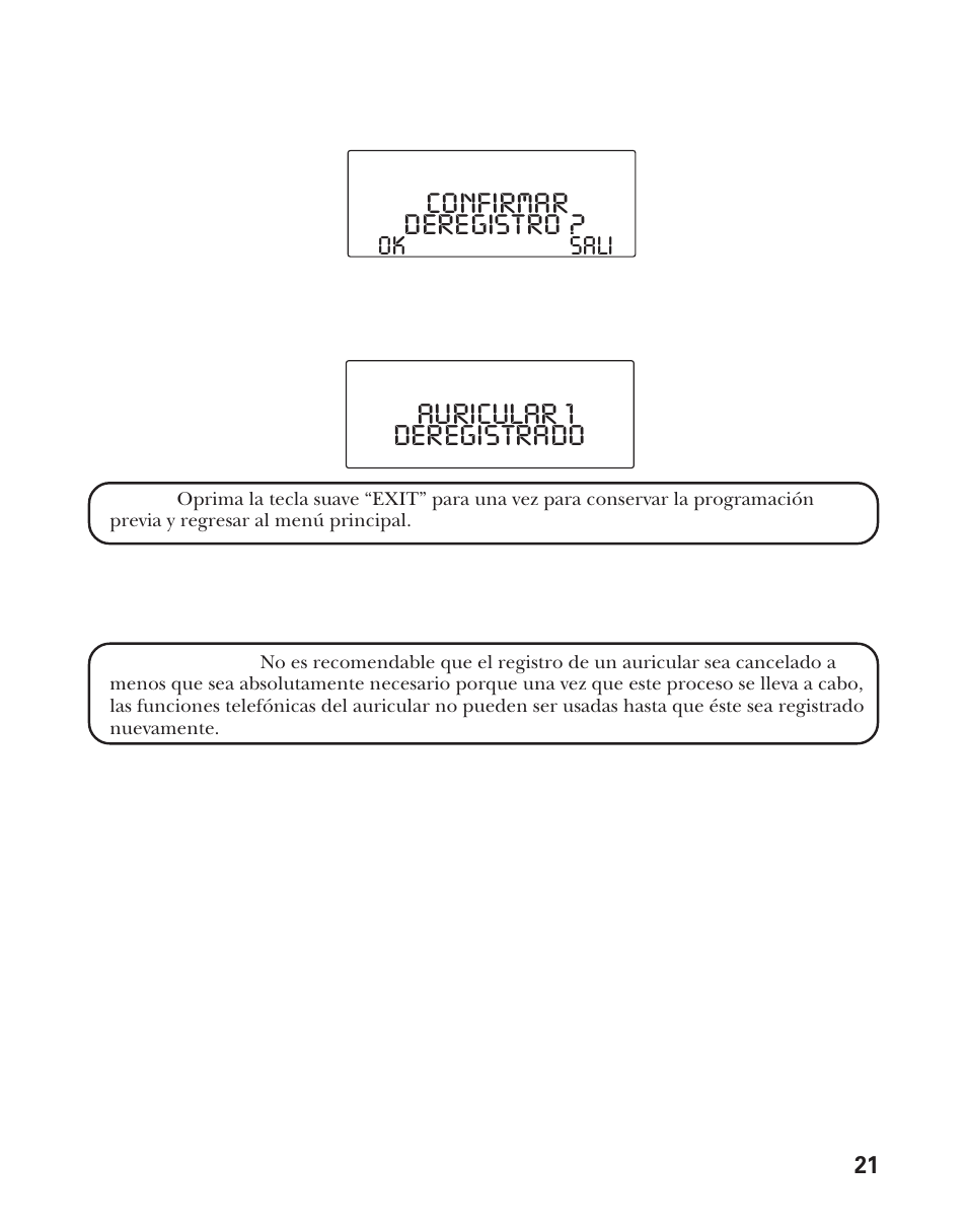 Confirmar deregistro, Auricular 1 deregistrado, Sali ok | GE 21011 User Manual | Page 83 / 124