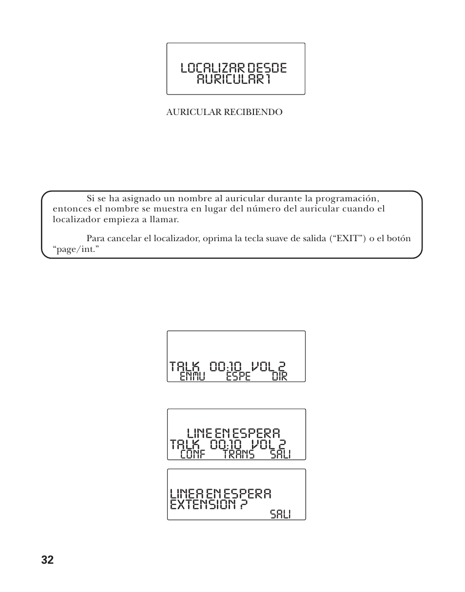 Line en espera extension, Linea en espera auricular 1 localizar desde | GE 21011 User Manual | Page 94 / 124