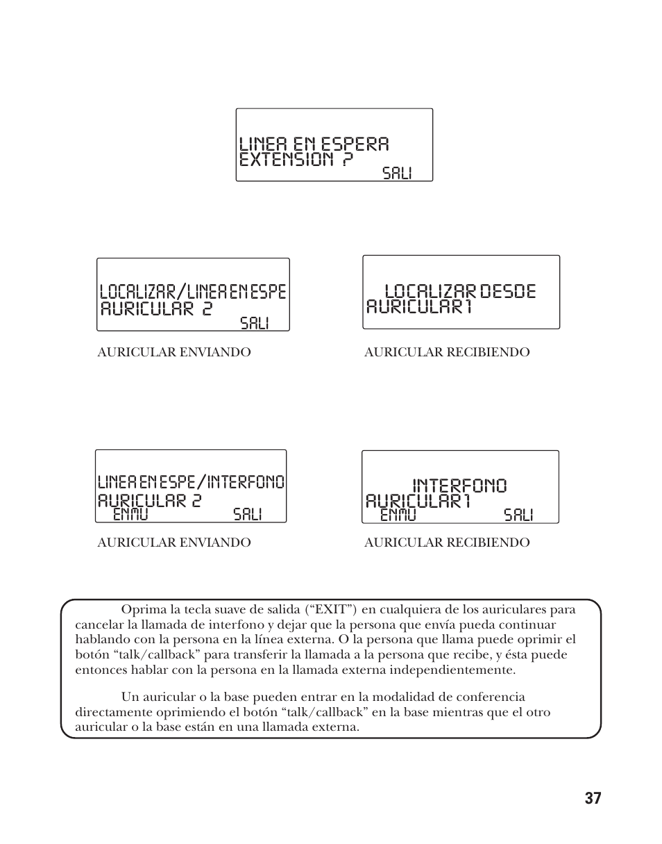 Localizar/linea en espe, Extension, Linea en espera | Auricular 2, Auricular 1 localizar desde, Auricular 1 interfono, Linea en espe/interfono | GE 21011 User Manual | Page 99 / 124