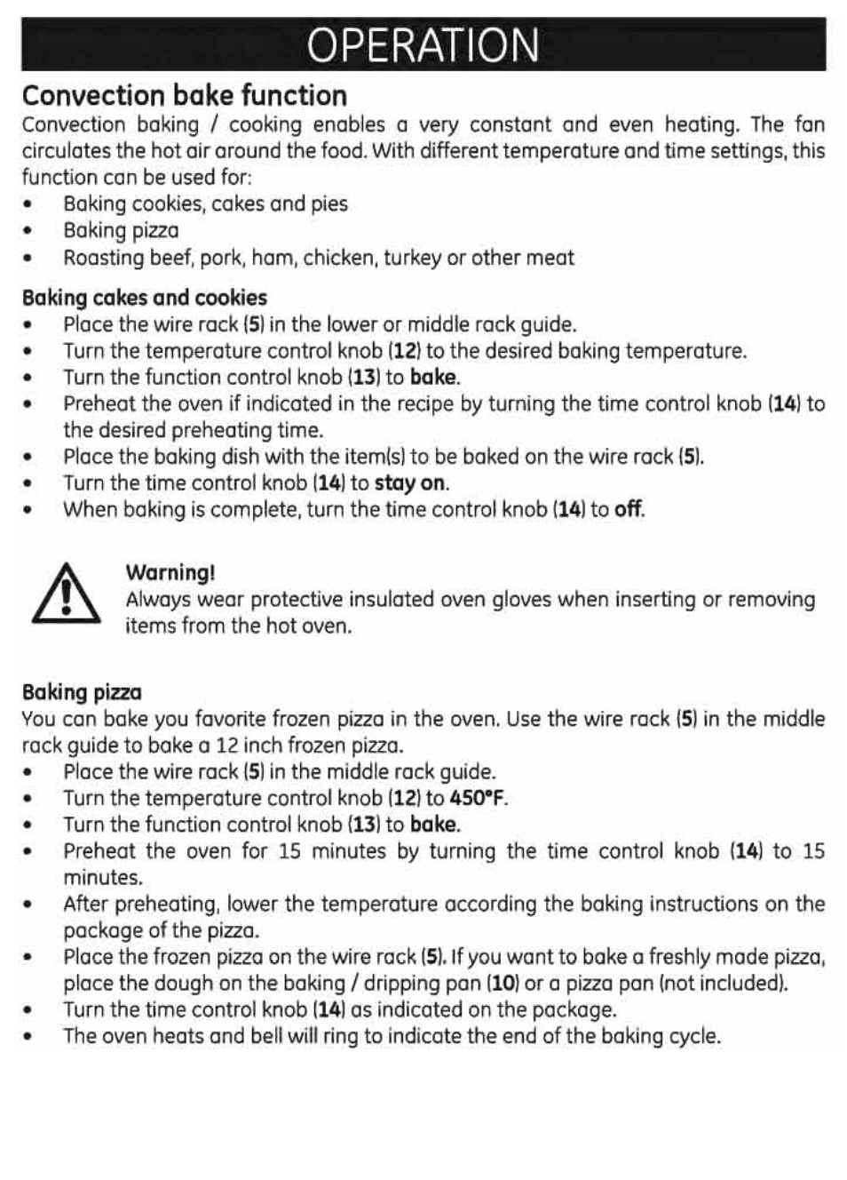 Operation, Convection bake function | GE 169220 User Manual | Page 11 / 18