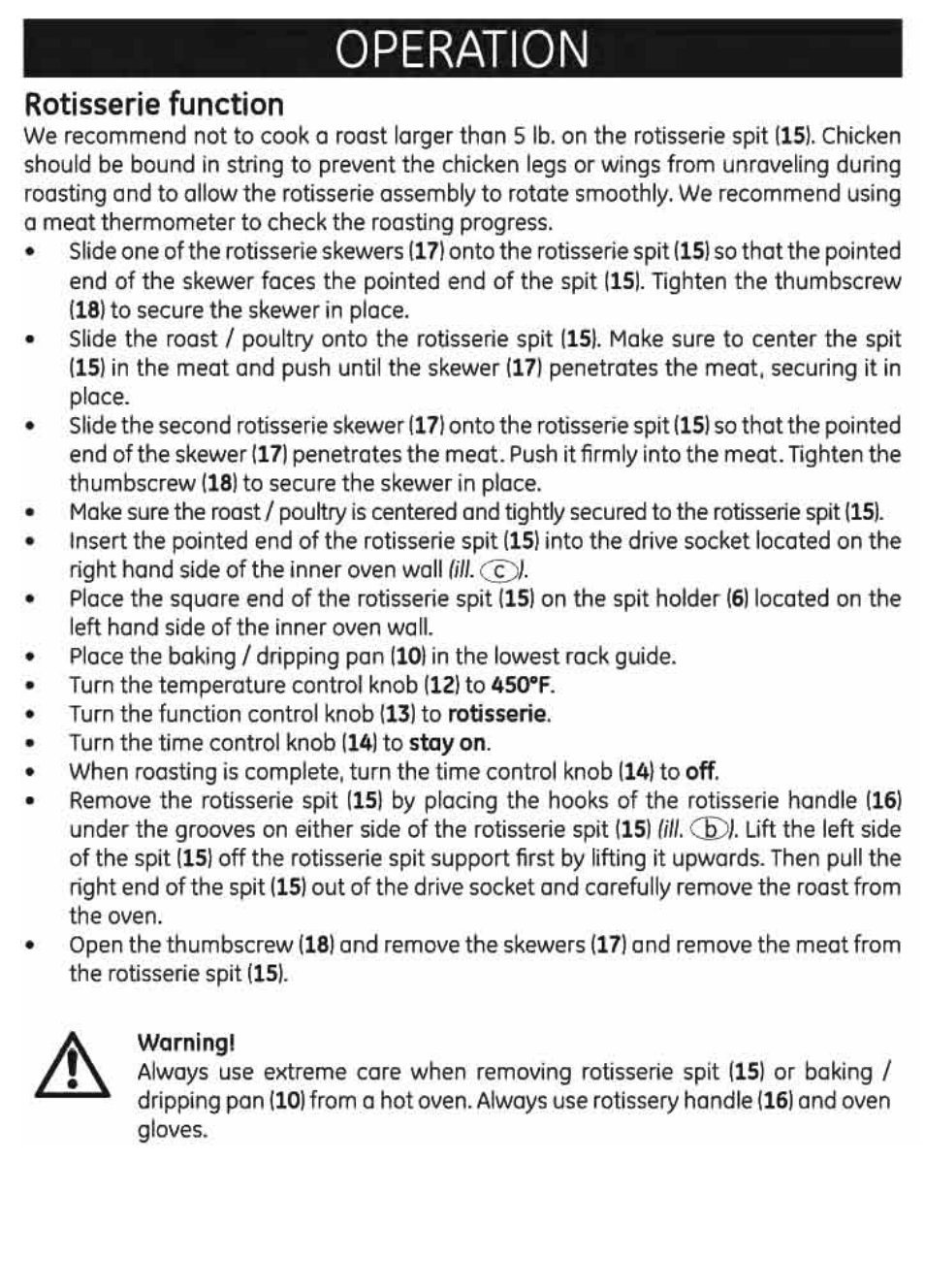 Operation, Rôtisserie function | GE 169220 User Manual | Page 13 / 18