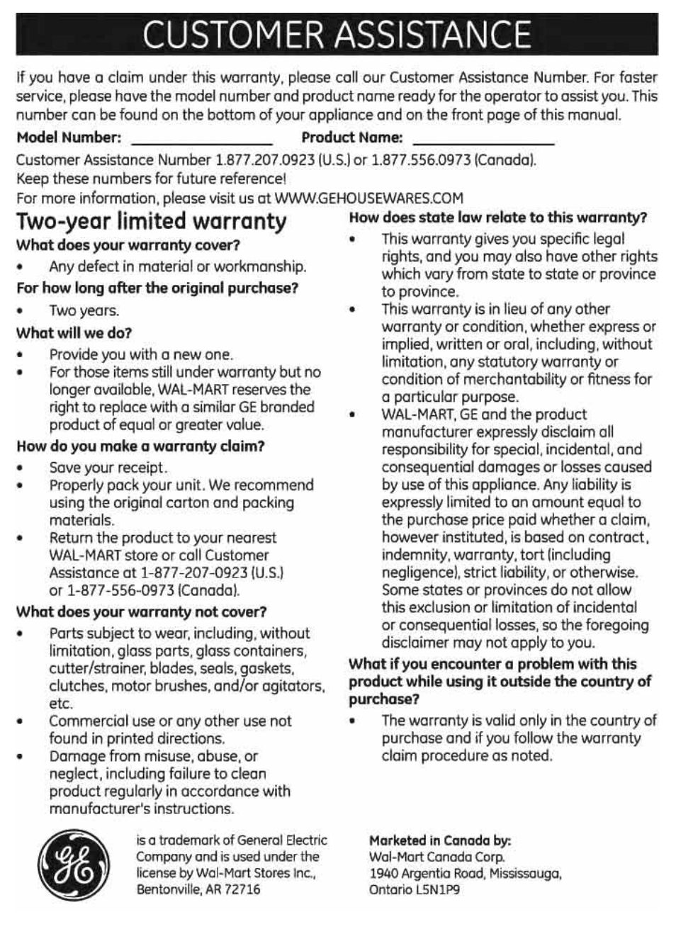 Customer assistance, Two-year limited warranty | GE 169220 User Manual | Page 18 / 18