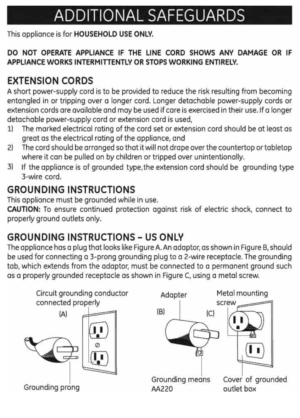 Additional safeguards, Extension cords, Grounding instructions | Grounding instructions - us only | GE 169220 User Manual | Page 4 / 18