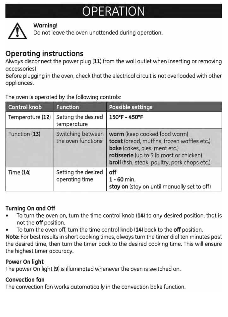 Operation, Operating instructions | GE 169220 User Manual | Page 8 / 18