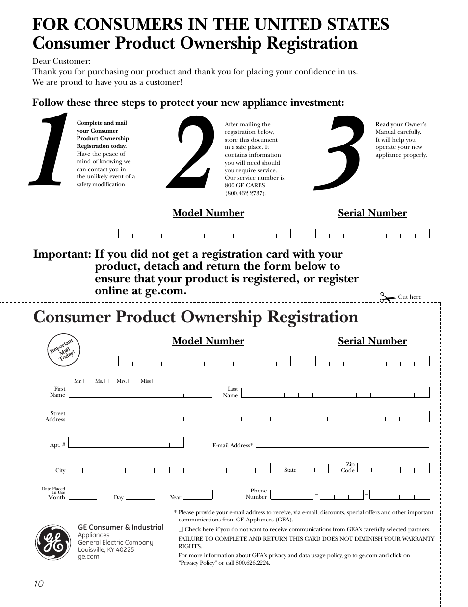 Consumer product ownership registration, Model number serial number | GE GCG1580 User Manual | Page 10 / 16
