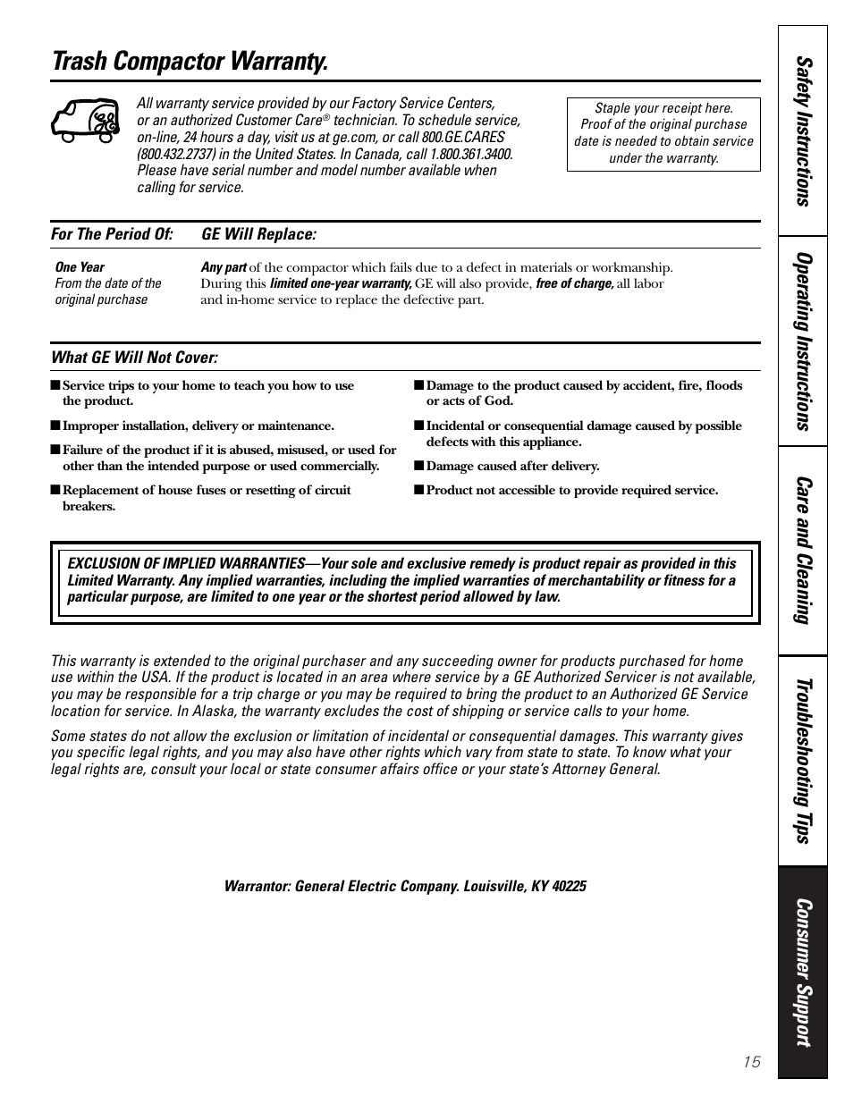 Warranty, Trash compactor warranty | GE GCG1580 User Manual | Page 15 / 16