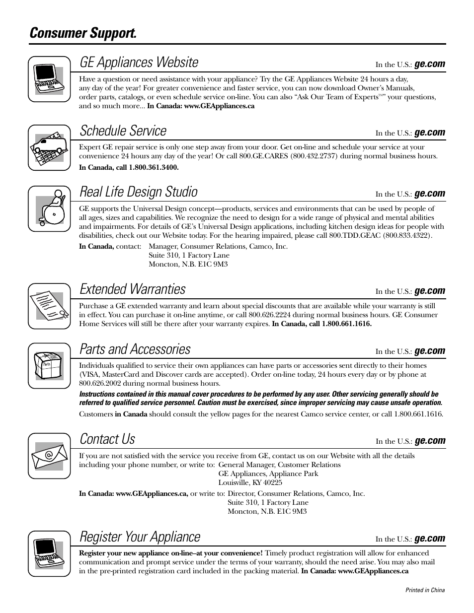 Consumer support, Consumer support . . . . . . . . . back cover, Consumer support. ge appliances website | Schedule service, Real life design studio, Extended warranties, Parts and accessories, Contact us, Register your appliance | GE GCG1580 User Manual | Page 16 / 16