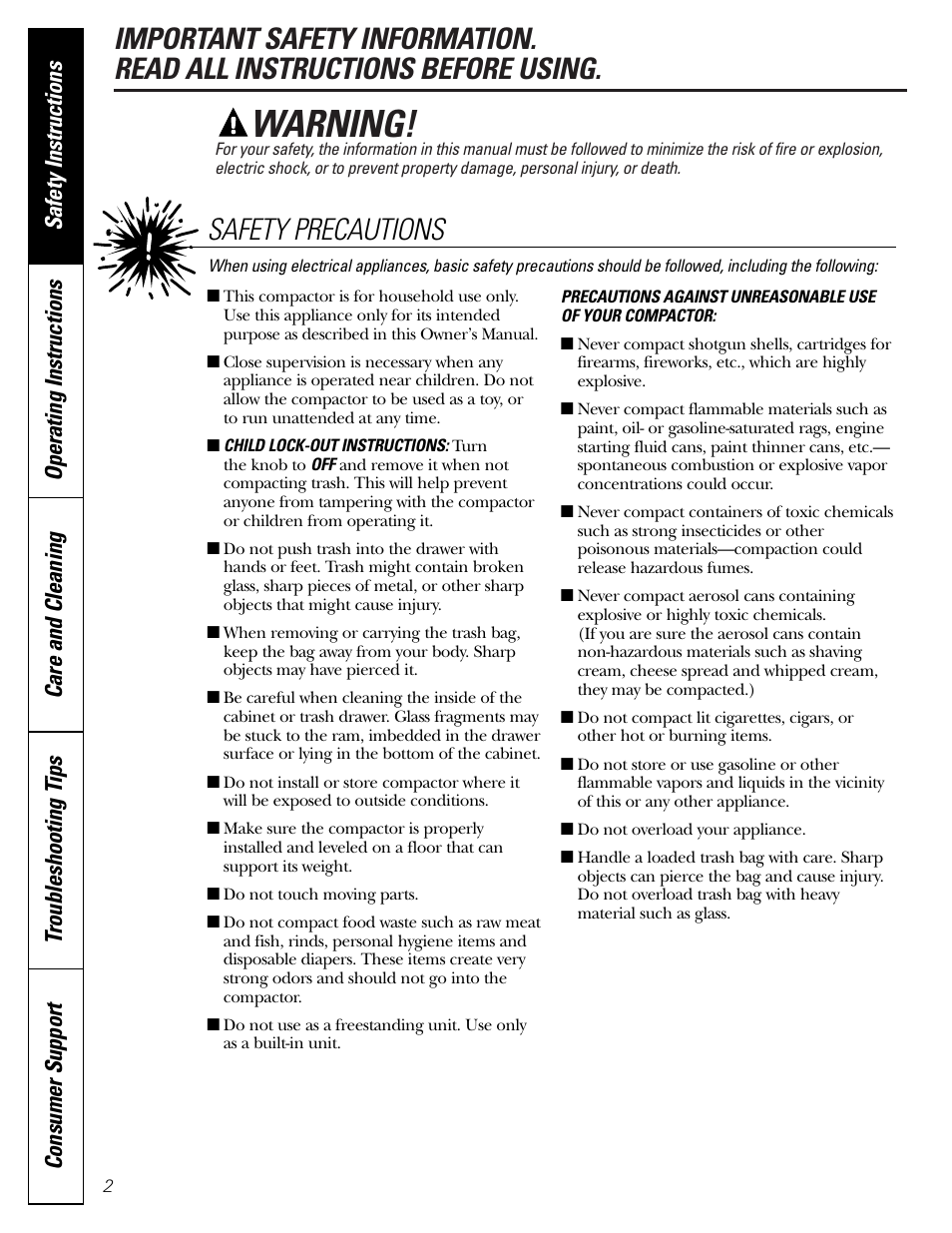 Safety instructions, Warning, Safety precautions | GE GCG1580 User Manual | Page 2 / 16