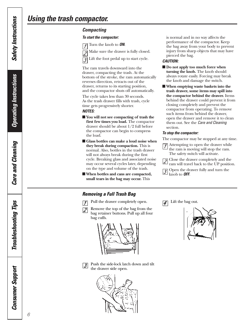 Compacting, Removing a full trash bag, Using the trash compactor | GE GCG1580 User Manual | Page 6 / 16