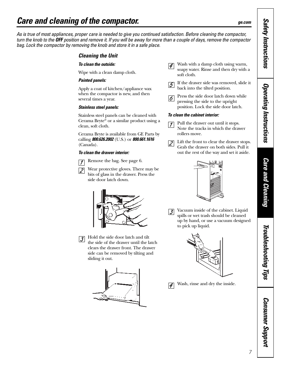Cleaning the unit, Care and cleaning of the compactor | GE GCG1580 User Manual | Page 7 / 16