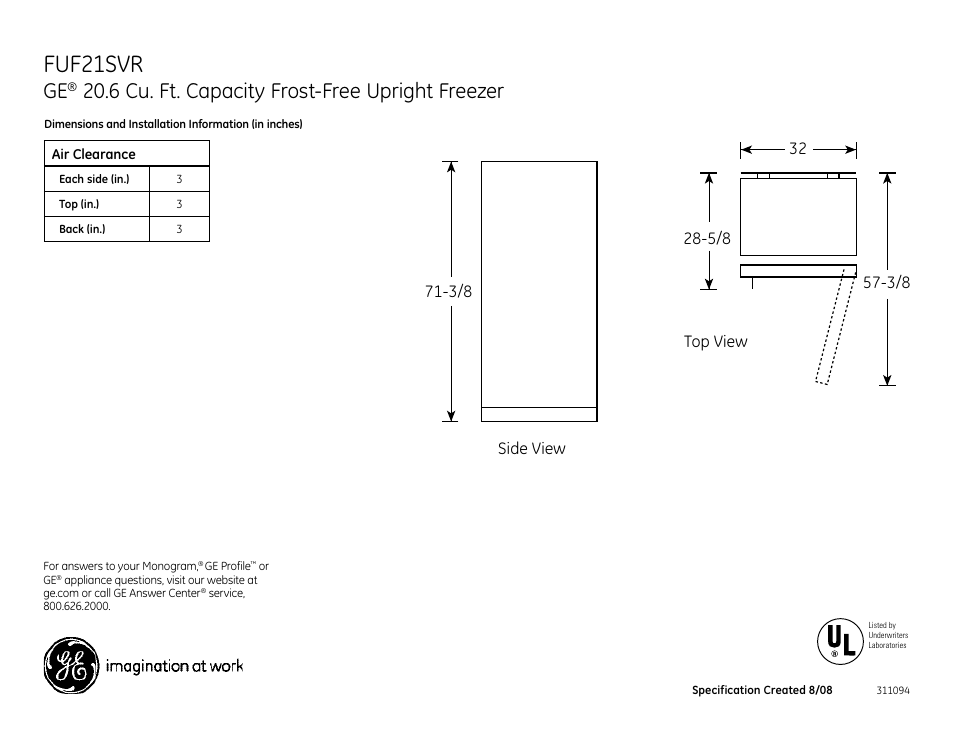 GE FUF21SVRWW User Manual | 2 pages