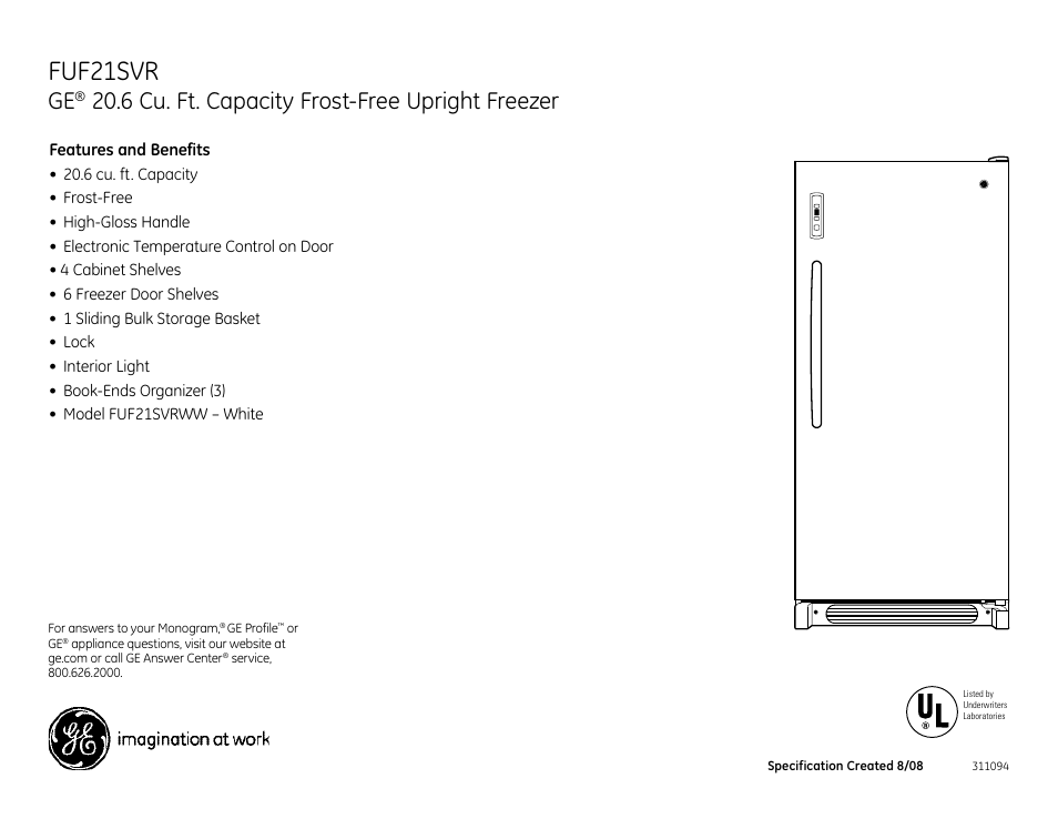 Fuf21svr, 6 cu. ft. capacity frost-free upright freezer | GE FUF21SVRWW User Manual | Page 2 / 2