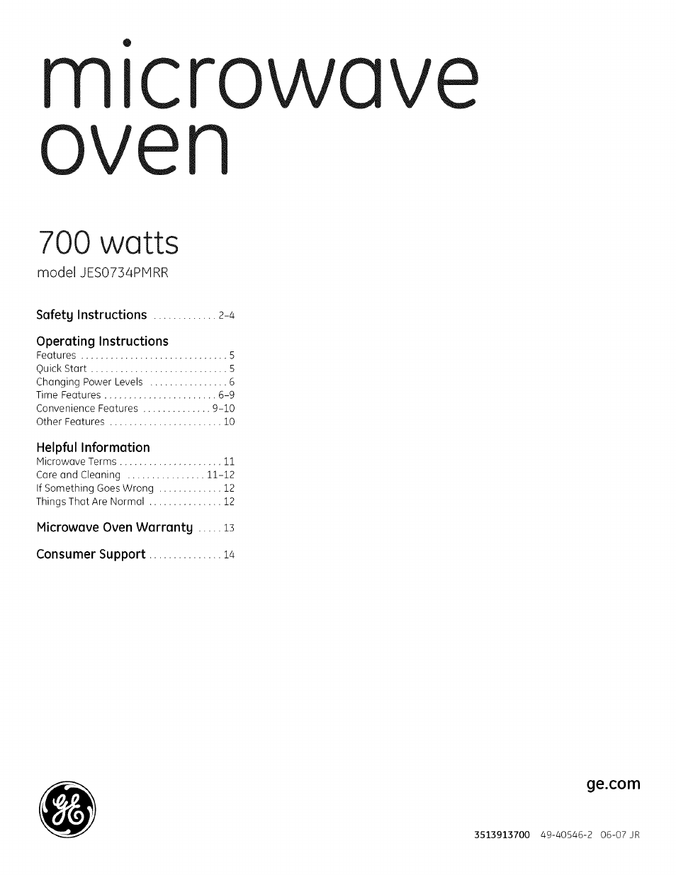 Microwave, Oven, Microwave oven | 700 watts | GE 700 WATTS JESO734PIVLRR User Manual | Page 15 / 42