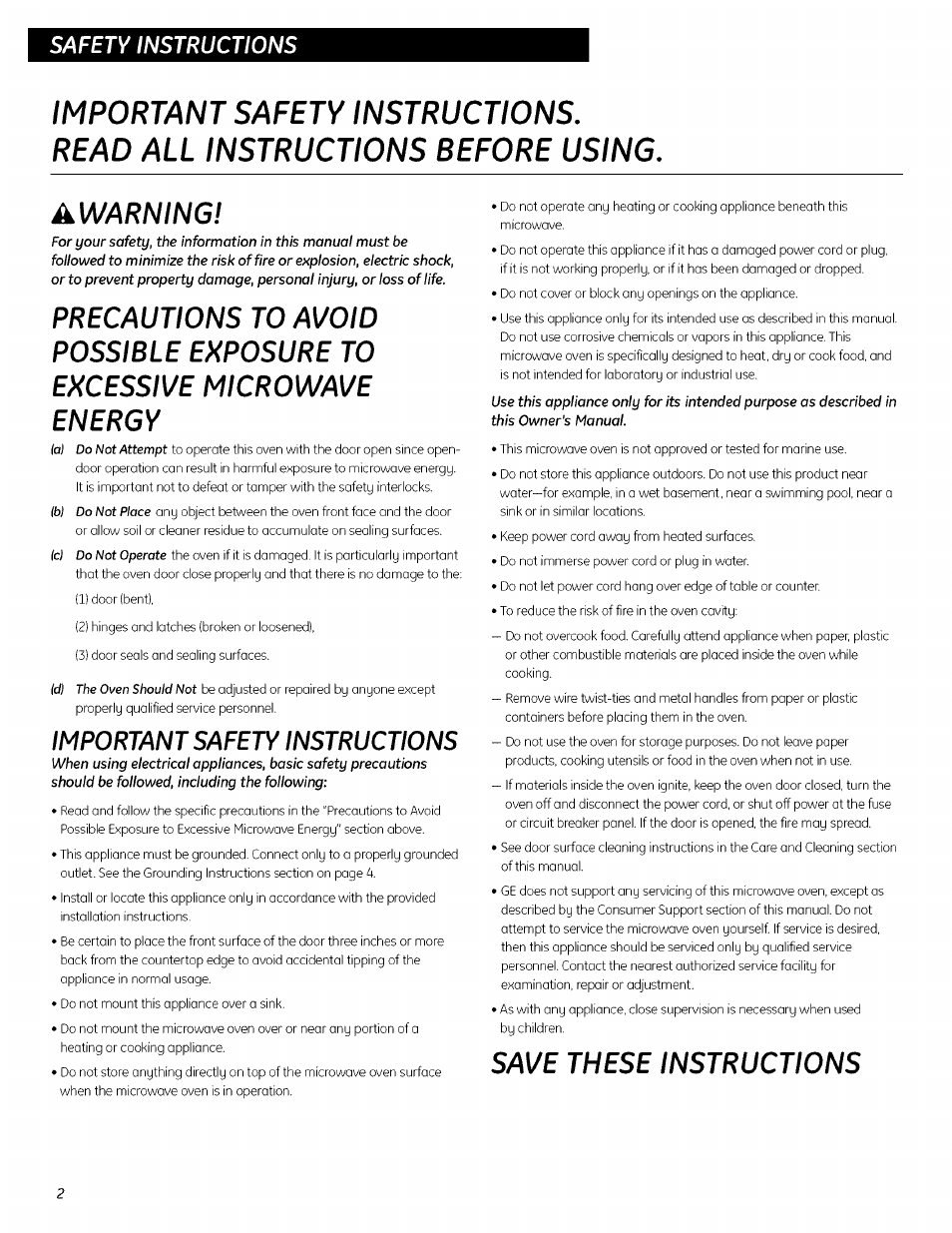 Important safety instructions, Read all instructions before using, Save these instructions | A warning, Safety instructions | GE 700 WATTS JESO734PIVLRR User Manual | Page 30 / 42