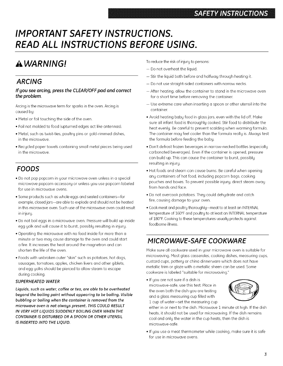 Important safety instructions, Read all instructions before using, Arcing | Foods, Microwave-safe cookware, Awarningl, Safety instructions | GE 700 WATTS JESO734PIVLRR User Manual | Page 31 / 42