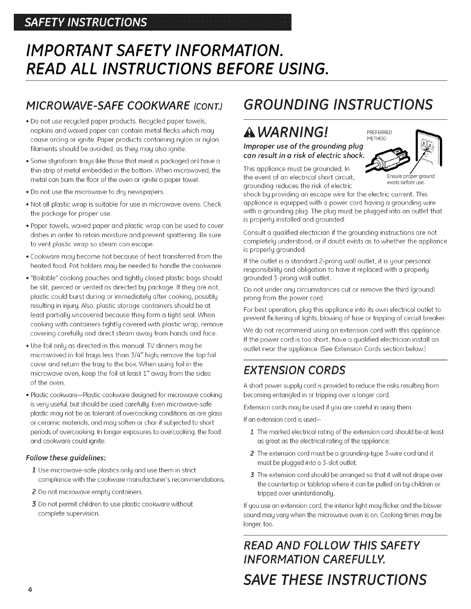 Important safety information, Read all instructions before using, Follow these guidelines | Awarning, Grounding instructions, Save these instructions, Extension cords, Follow, Information carefully, Safety instructions | GE 700 WATTS JESO734PIVLRR User Manual | Page 32 / 42
